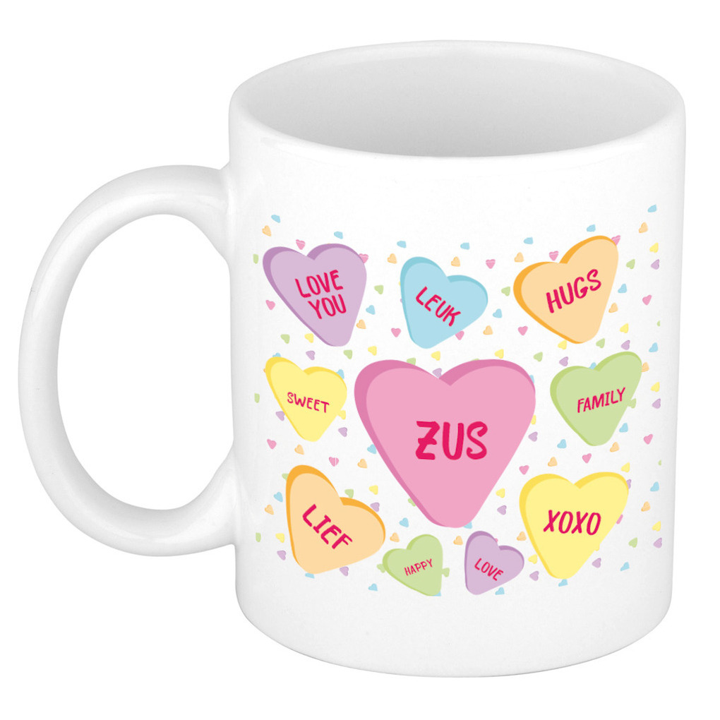 Cadeau koffiemok voor zus/zusje - hartjes snoepjes - wit - verjaardag kado - mok met tekst -
