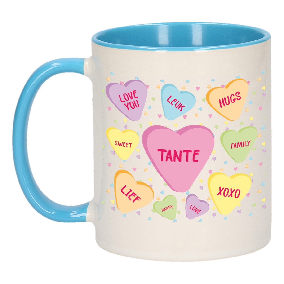Cadeau koffiemok voor tante - hartjes snoepjes - blauw - verjaardag kado - mok met tekst -