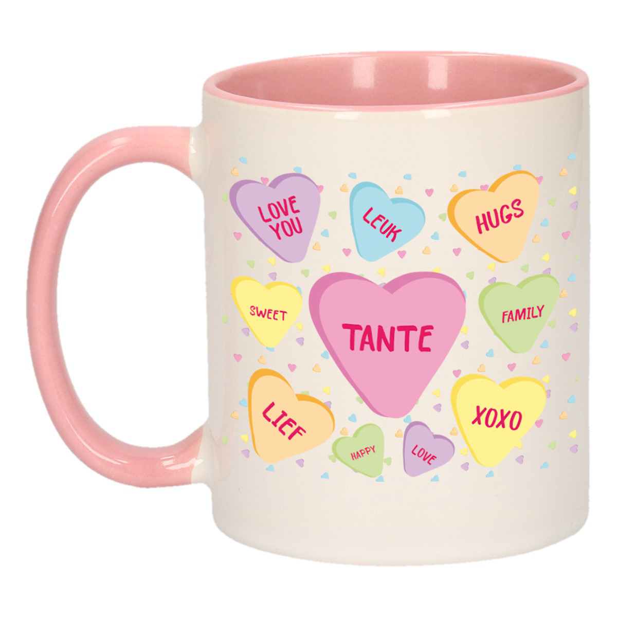 Cadeau koffiemok voor tante - hartjes snoepjes - roze - verjaardag kado - mok met tekst -
