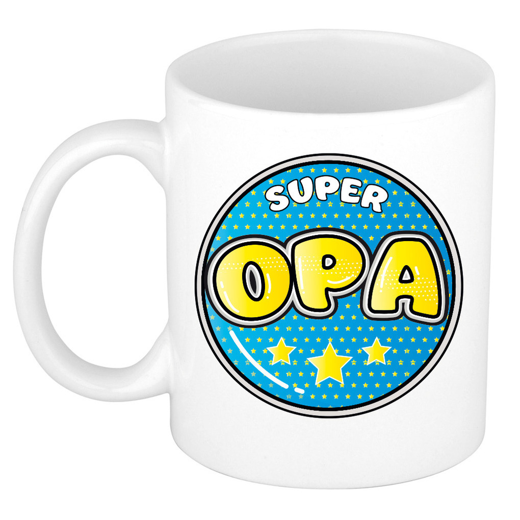 Verjaardag cadeau mok - super opa - button - blauw - 300 ml - keramiek - opa/oma dag -