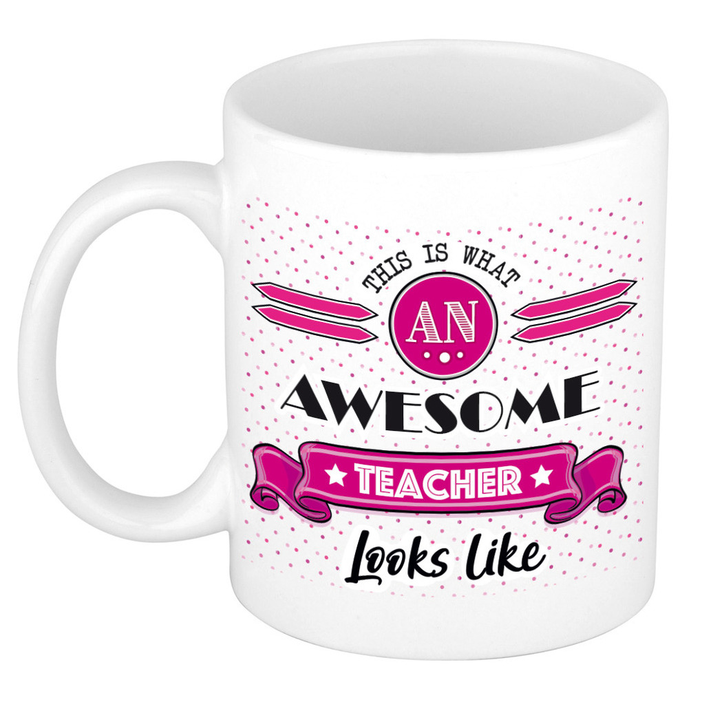 Cadeau koffiemok voor een geweldige leraar - roze - keramiek - 300 ml - juf/meester dag -