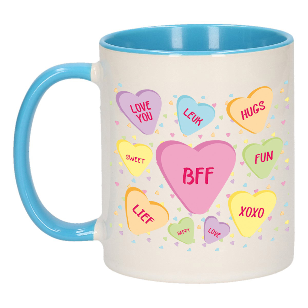 Cadeau koffiemok voor bff - hartjes snoepjes - blauw - verjaardag kado - vrienden/vriendin -