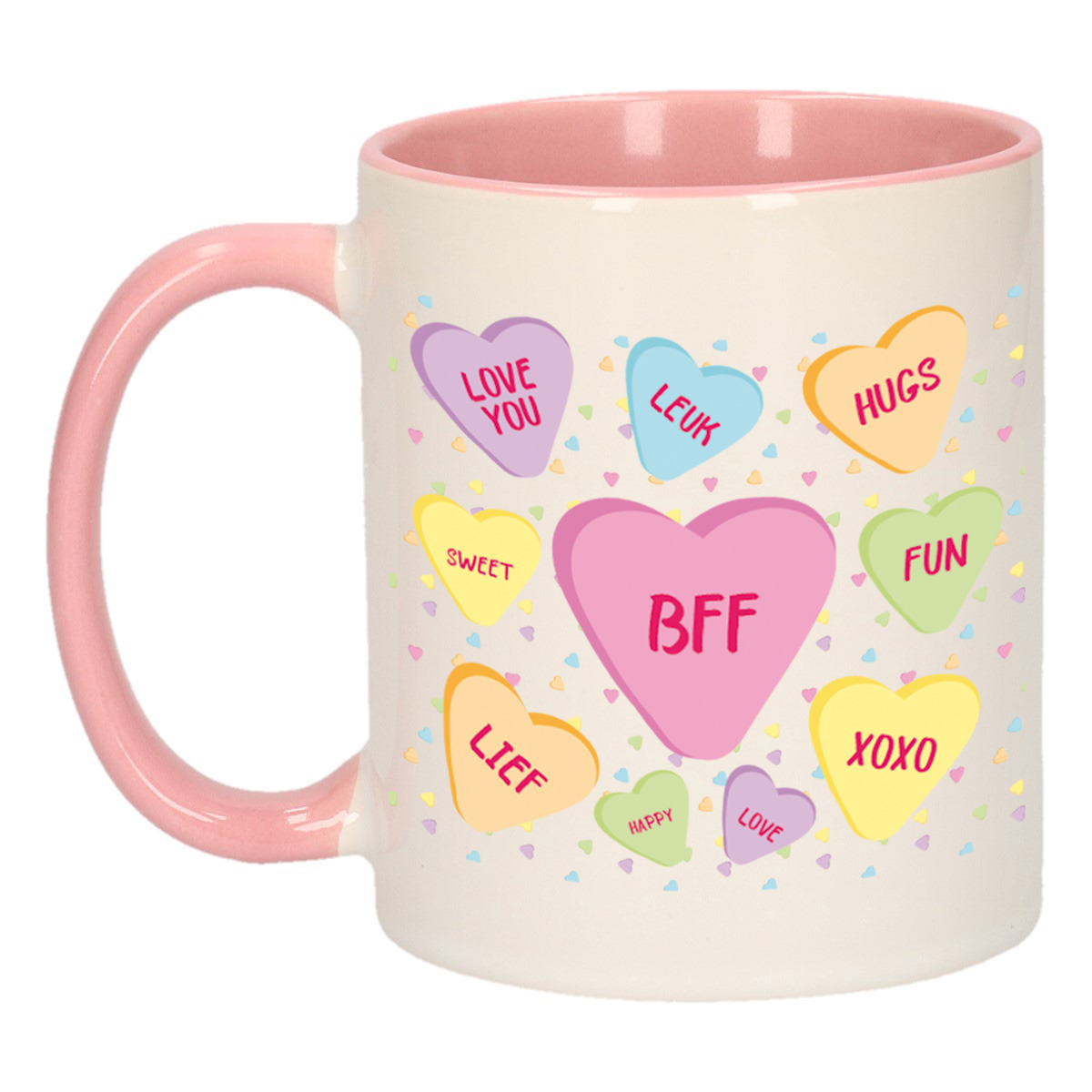 Cadeau koffiemok voor bff - hartjes snoepjes - roze - verjaardag kado - vrienden/vriendin -