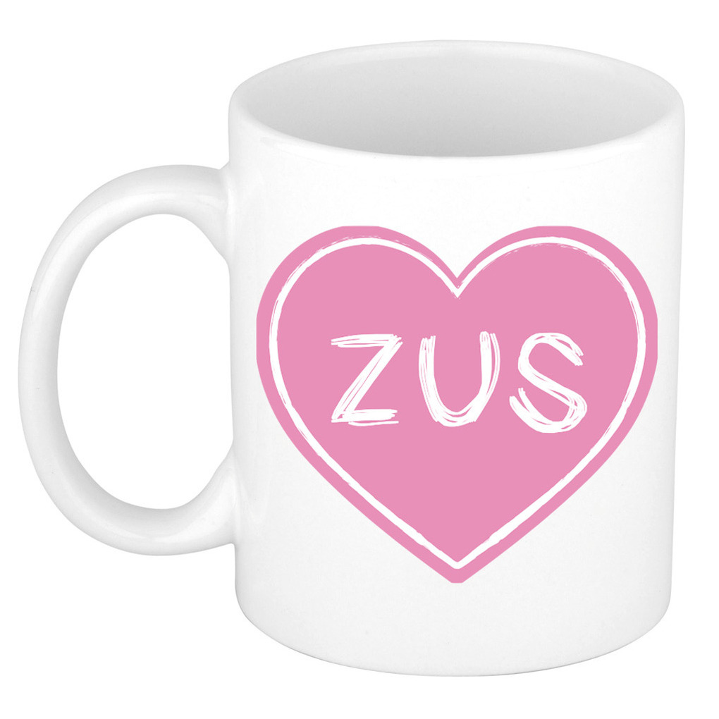 Liefste zus verjaardag cadeau mok - roze hartje - 300 ml - keramiek - broer/zus dag -