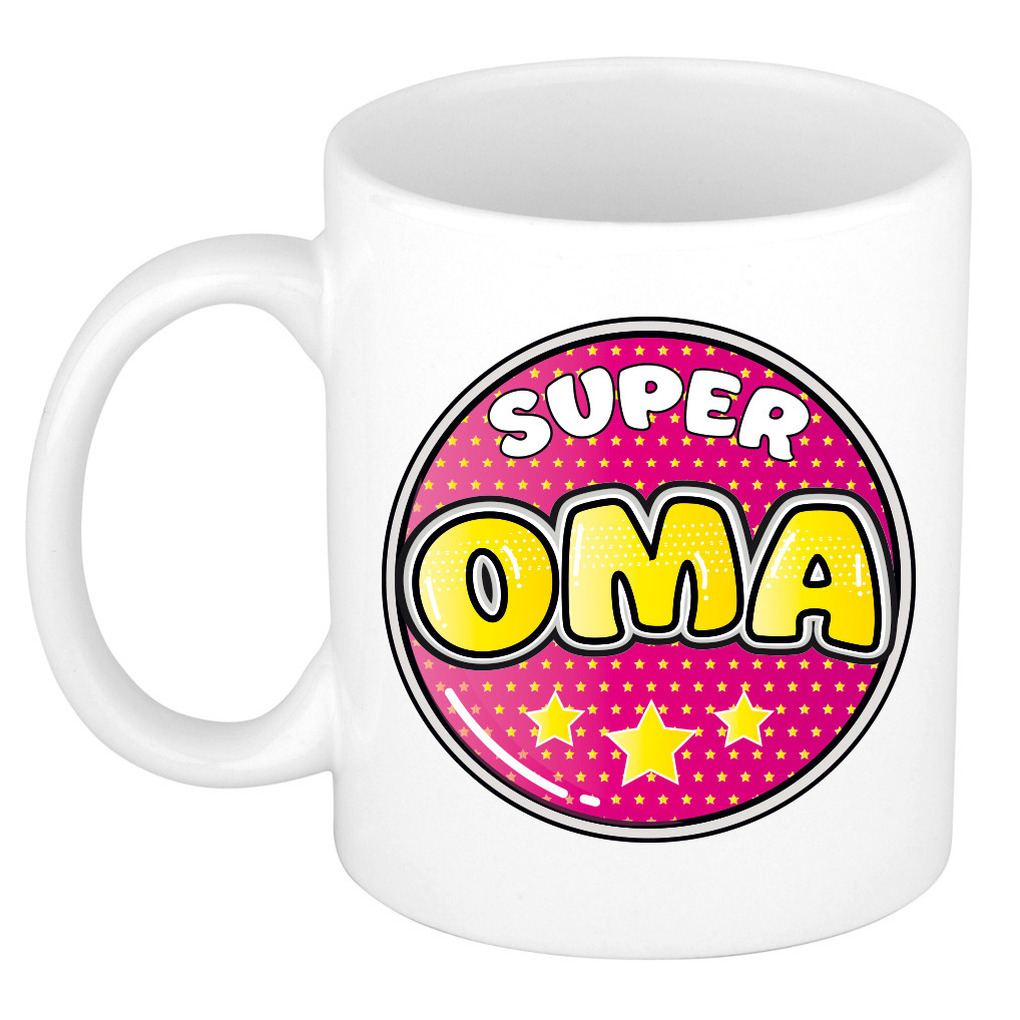 Verjaardag cadeau mok - super oma - button - roze - 300 ml - keramiek - oma/oma dag -