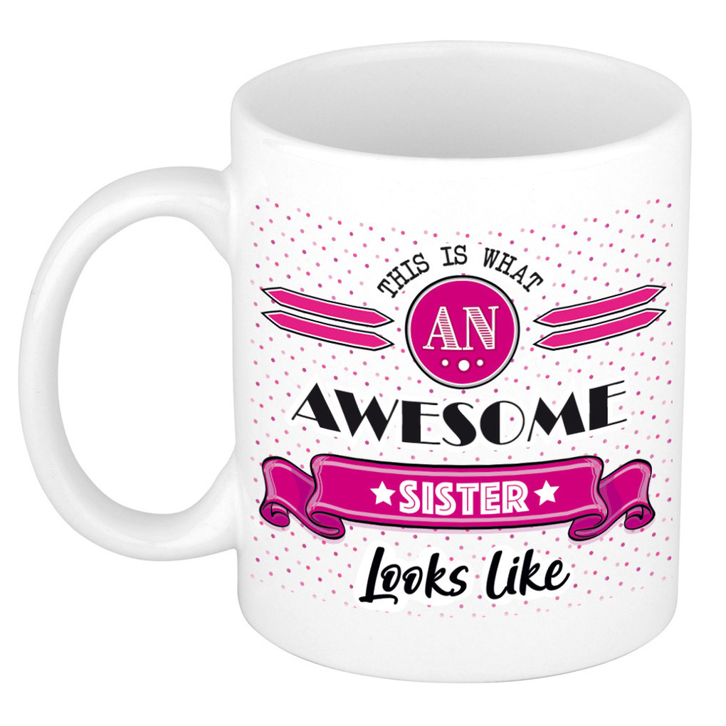 Cadeau koffiemok voor een geweldige zus - roze - keramiek - 300 ml - broer/zus dag -