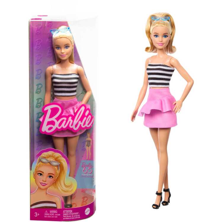 Mattel Fashionistas Pop #213, Blond Met Gestreepte Top, Roze Rok En Zonnebril pop