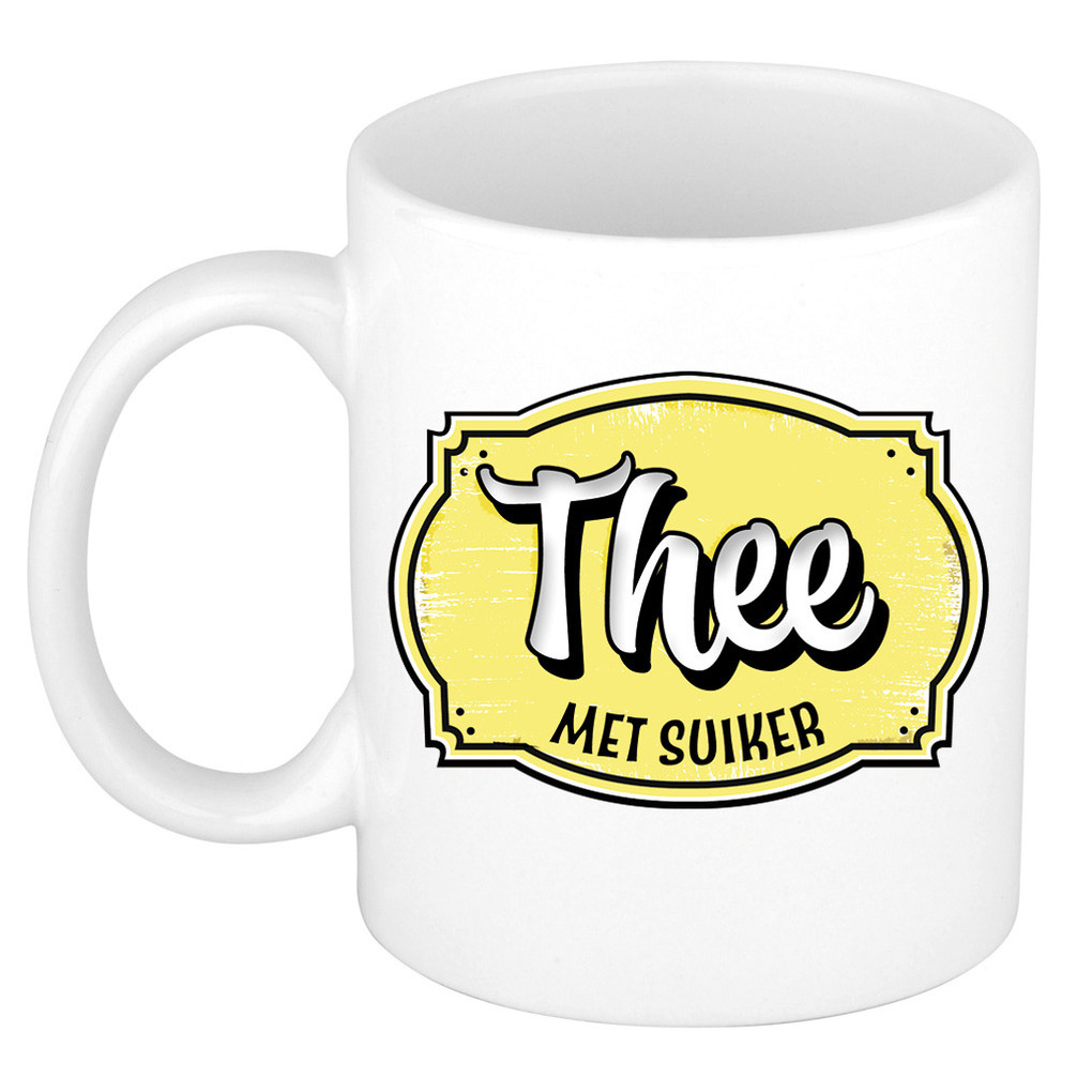 Cadeau thee mok voor collega - kantoor humor - thee met suiker - geel - 300 ml -