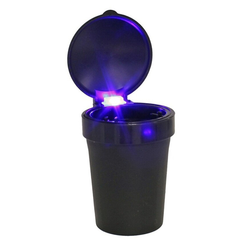 Auto asbak met LED lamp verlichting en klepje - zwart - 11 x 8 cm -