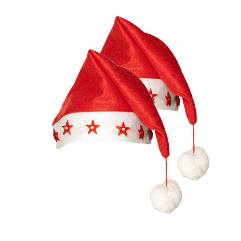 Kerstmutsen - 2x stuks - rood - met sterren lichtjes - verlichte kerstmutsen -