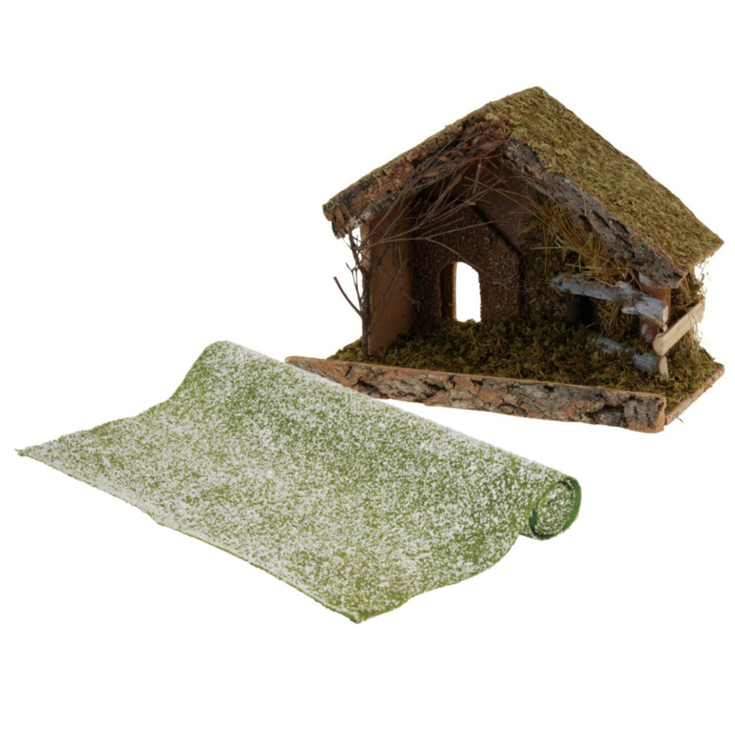 Lege kerststal - L32 x B17 x H25 cm - incl. gras ondergrond/achtergrond - besneeuwd -