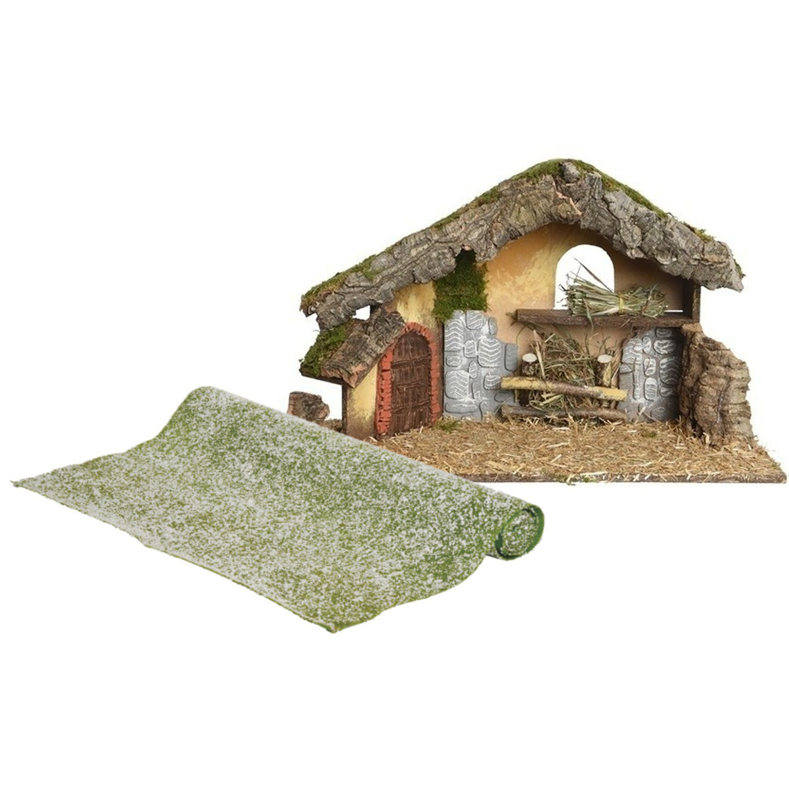 Lege kerststal - L50 x B23 x H31 cm - incl. gras ondergrond/achtergrond - besneeuwd -