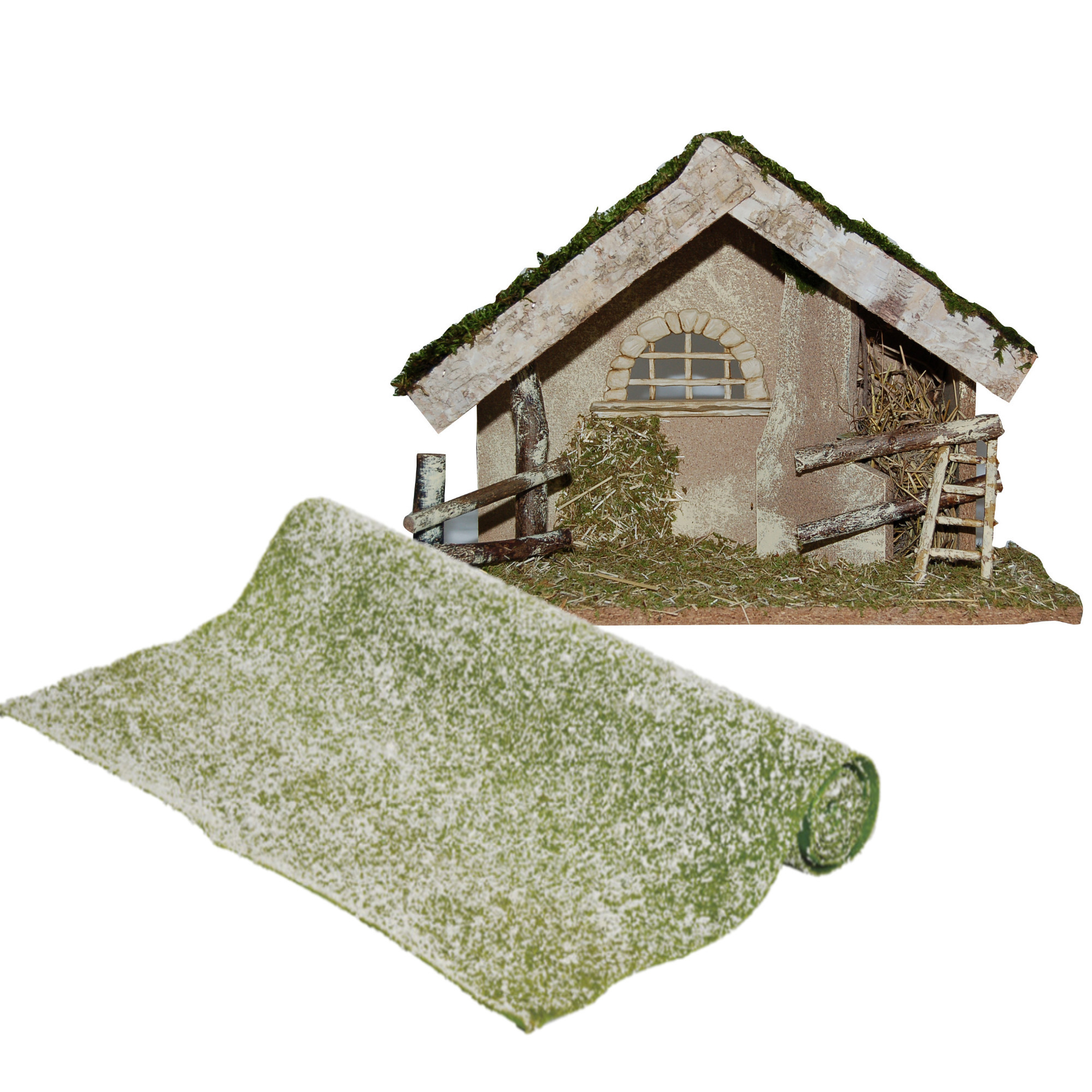 Lege kerststal - L42 x B19 H30 cm - incl. gras ondergrond/achtergrond - besneeuwd -