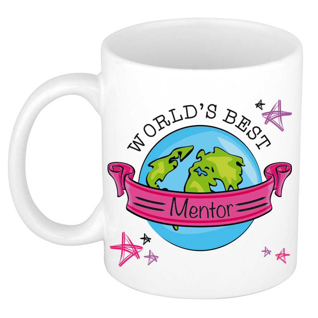 Cadeau koffie/thee mok voor mentor - beste mentor - roze - 300 ml - juf/meester -
