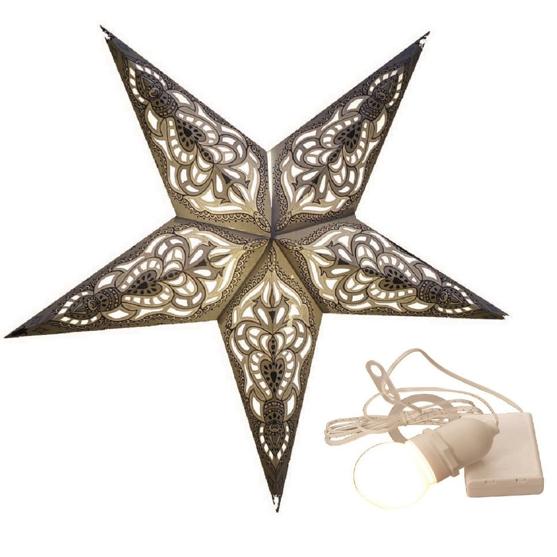 Decoratie kerstster - wit/zilver - 60 cm - papier - incl. verlichting -