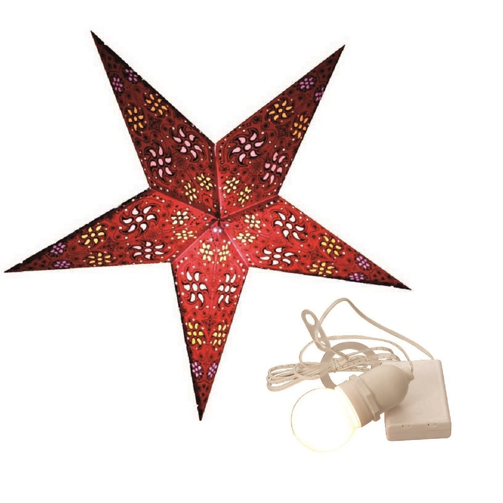 Decoratie kerstster - rood - 60 cm - papier - incl. verlichting -