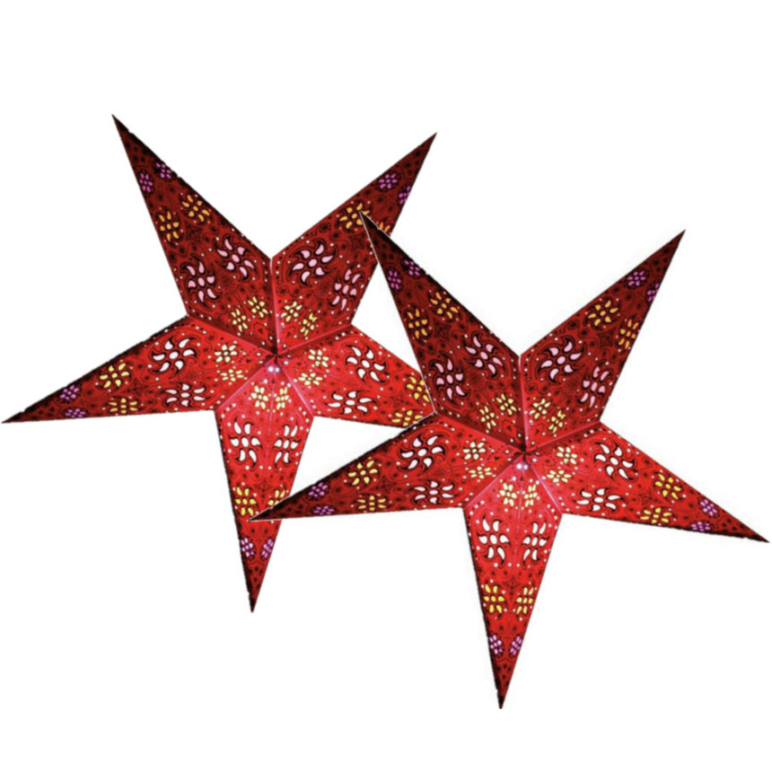 Decoratie kerststerren - 2x - rood - 60 cm - papier - 5 punten - glitters -