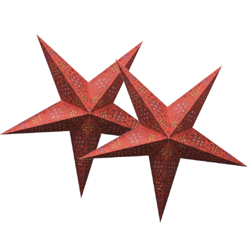 Decoratie kerststerren - 2x - rood - 40 cm - papier - 5 punten - glitters -