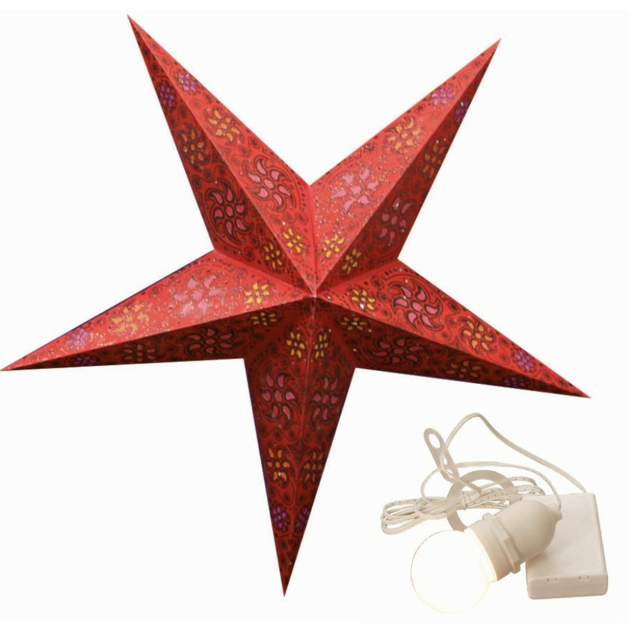 Decoratie kerstster - rood - 40 cm - papier - incl. verlichting -