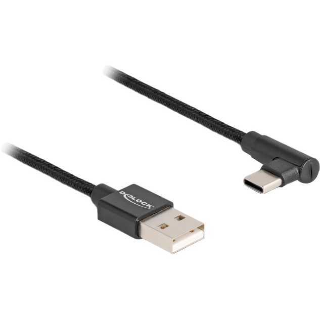 DeLOCK USB-A 2.0 male > USB-C male kabel 1 meter, gesleeved, 90°