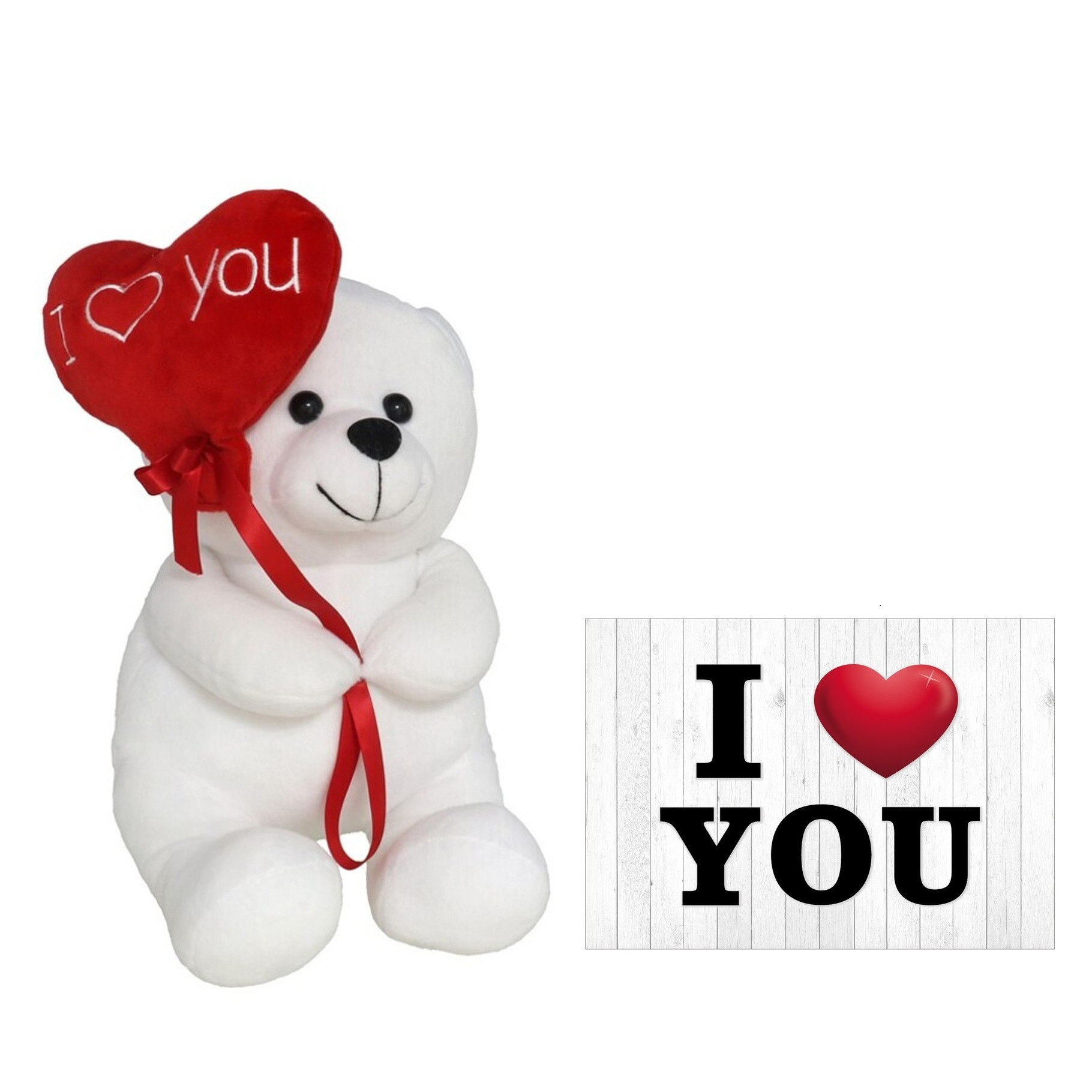 Pluche knuffelbeer met I Love hartje - wit/rood - 30 cm - inc. wenskaart -