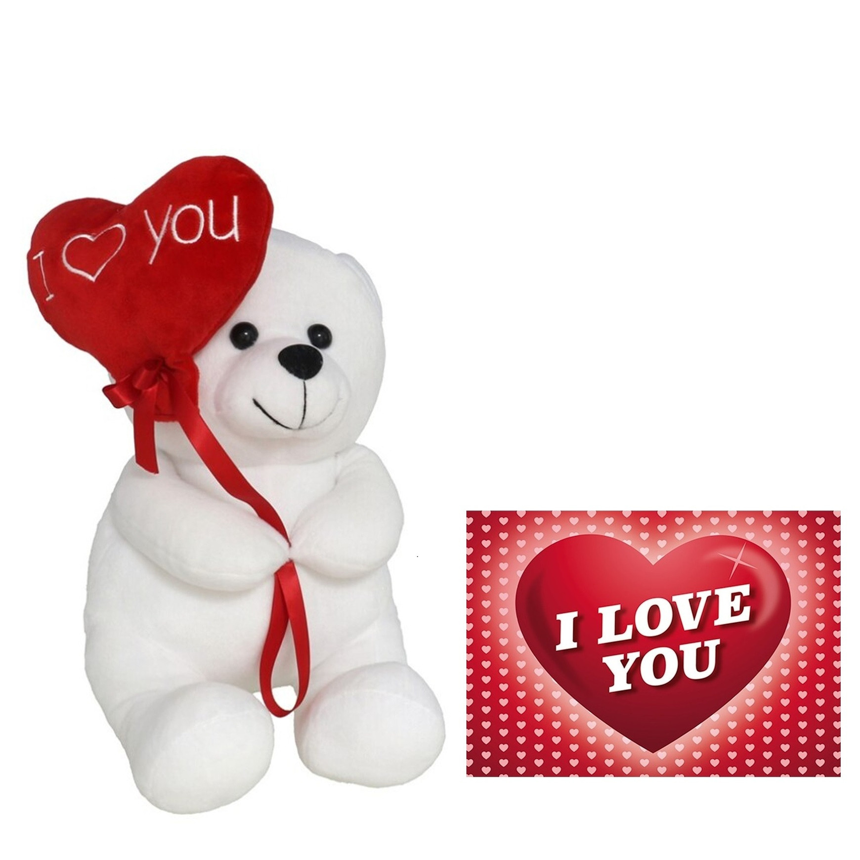 Pluche knuffelbeer met I Love hartje - wit/rood - 30 cm - inc. wenskaart -