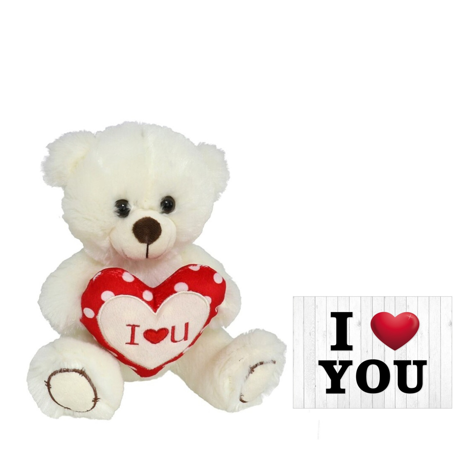 Pluche knuffelbeer met I Love hartje - wit/rood - 30 cm - inc. wenskaart -
