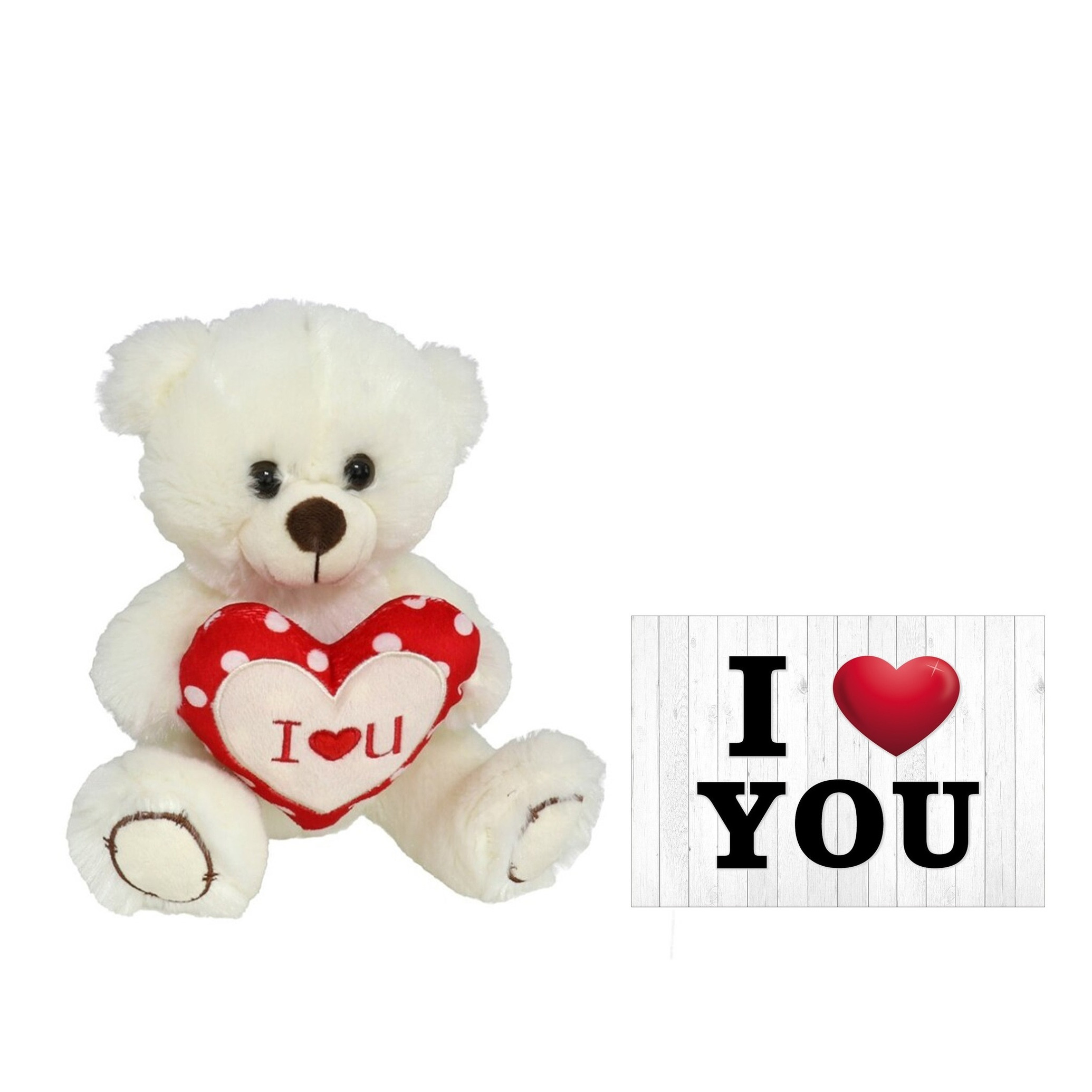 Pluche knuffelbeer met I Love hartje - wit/rood - 20 cm - inc. wenskaart -