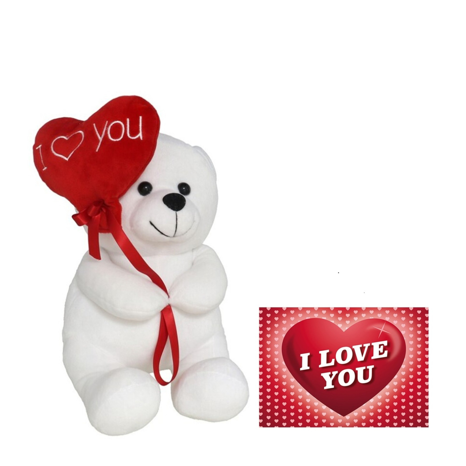 Pluche knuffelbeer met I Love hartje - wit/rood - 20 cm - incl. wenskaart -