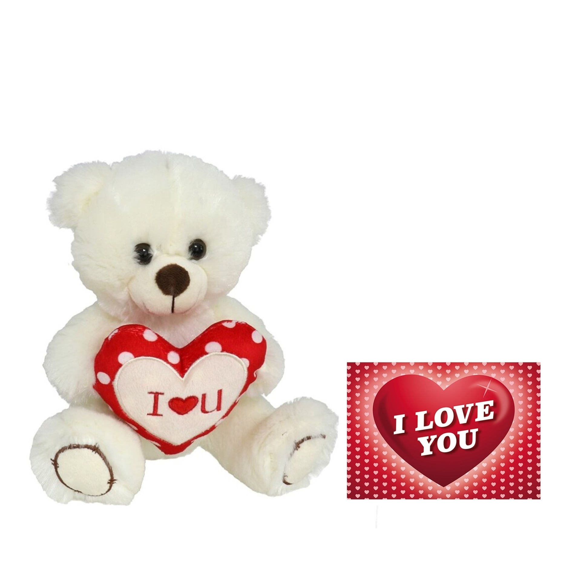 Pluche knuffelbeer met I Love hartje - wit/rood - 30 cm - inc. wenskaart -