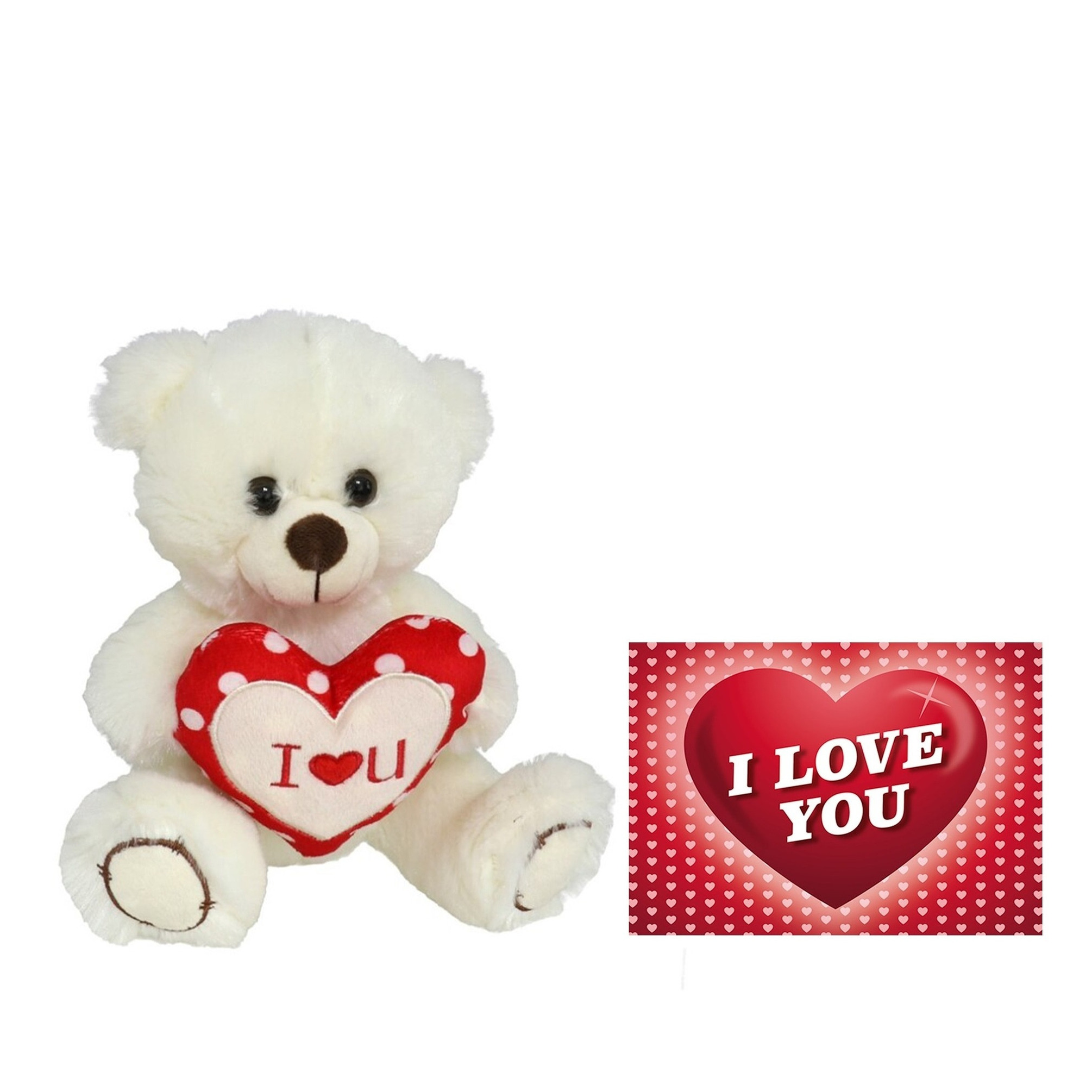 Pluche knuffelbeer met I Love hartje - wit/rood - 20 cm - inc. wenskaart -