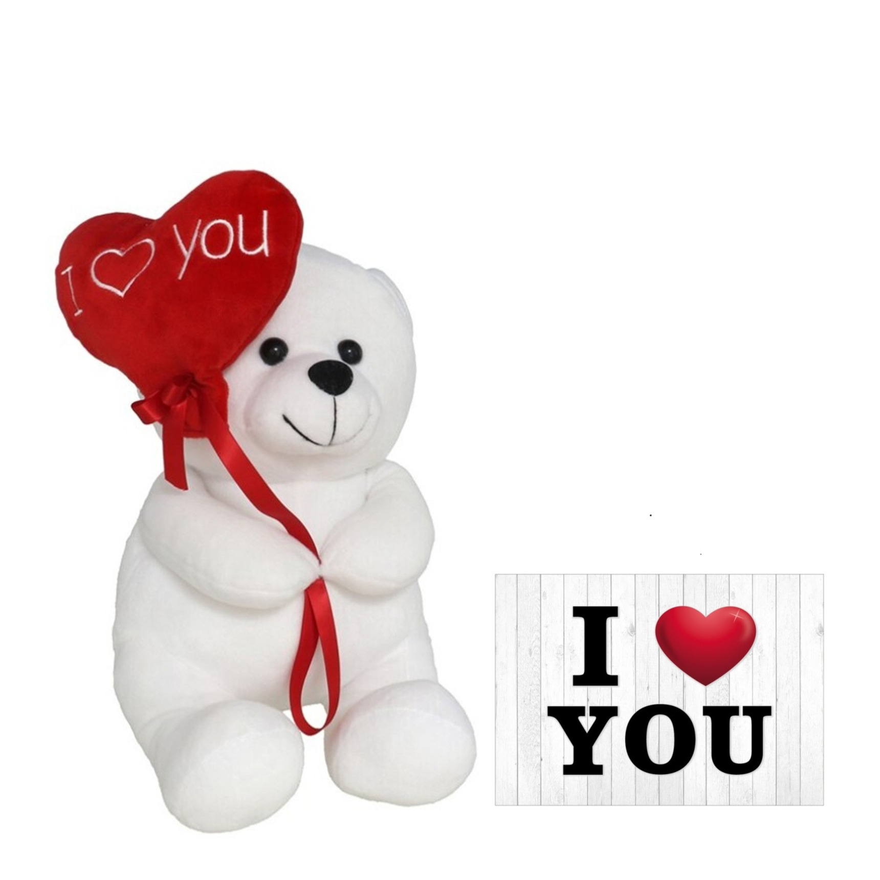 Pluche knuffelbeer met I Love hartje - wit/rood - 20 cm - incl. wenskaart -
