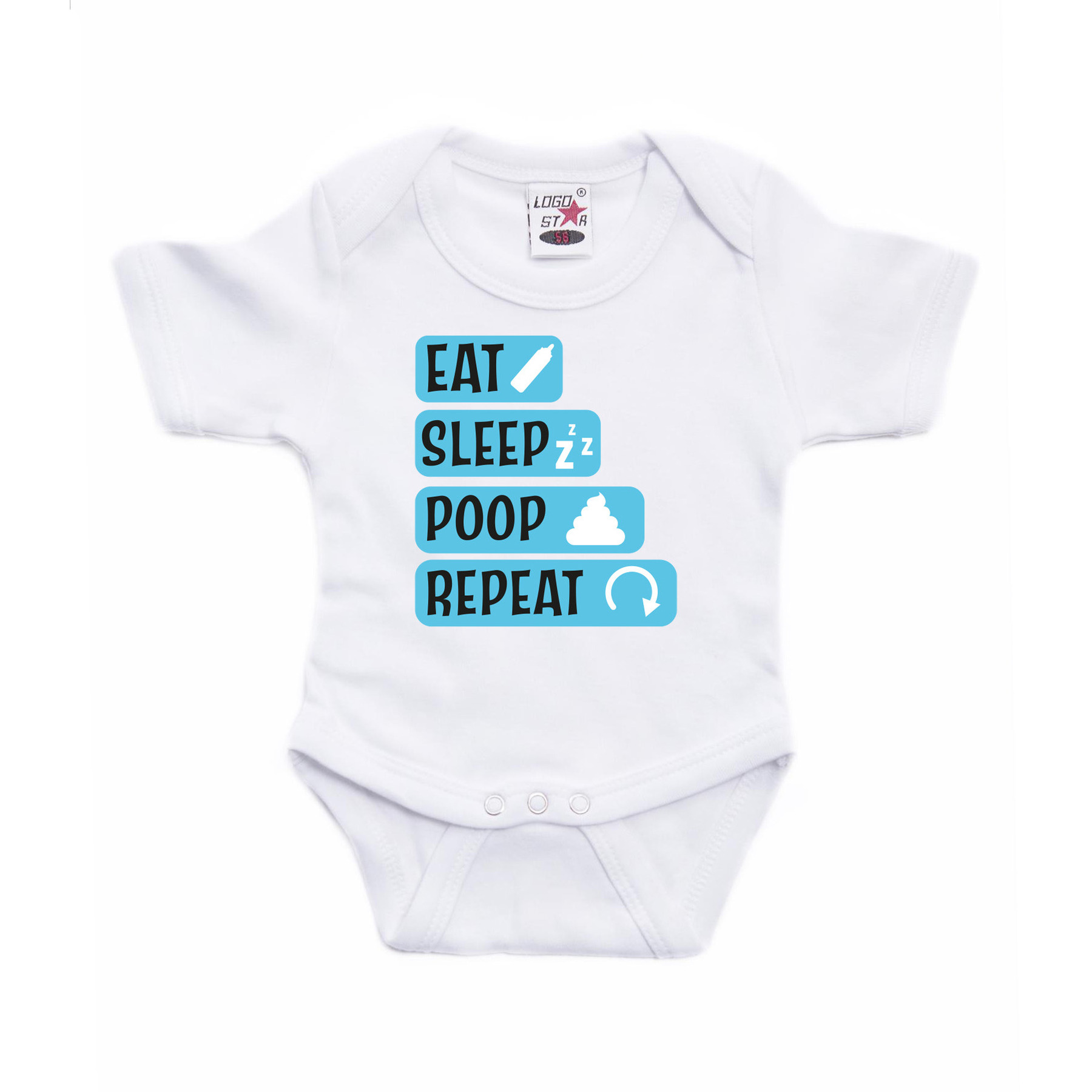 Baby rompertje - eat sleep poop repeat - blauw - kraam cadeau 80 (9-12 maanden) -