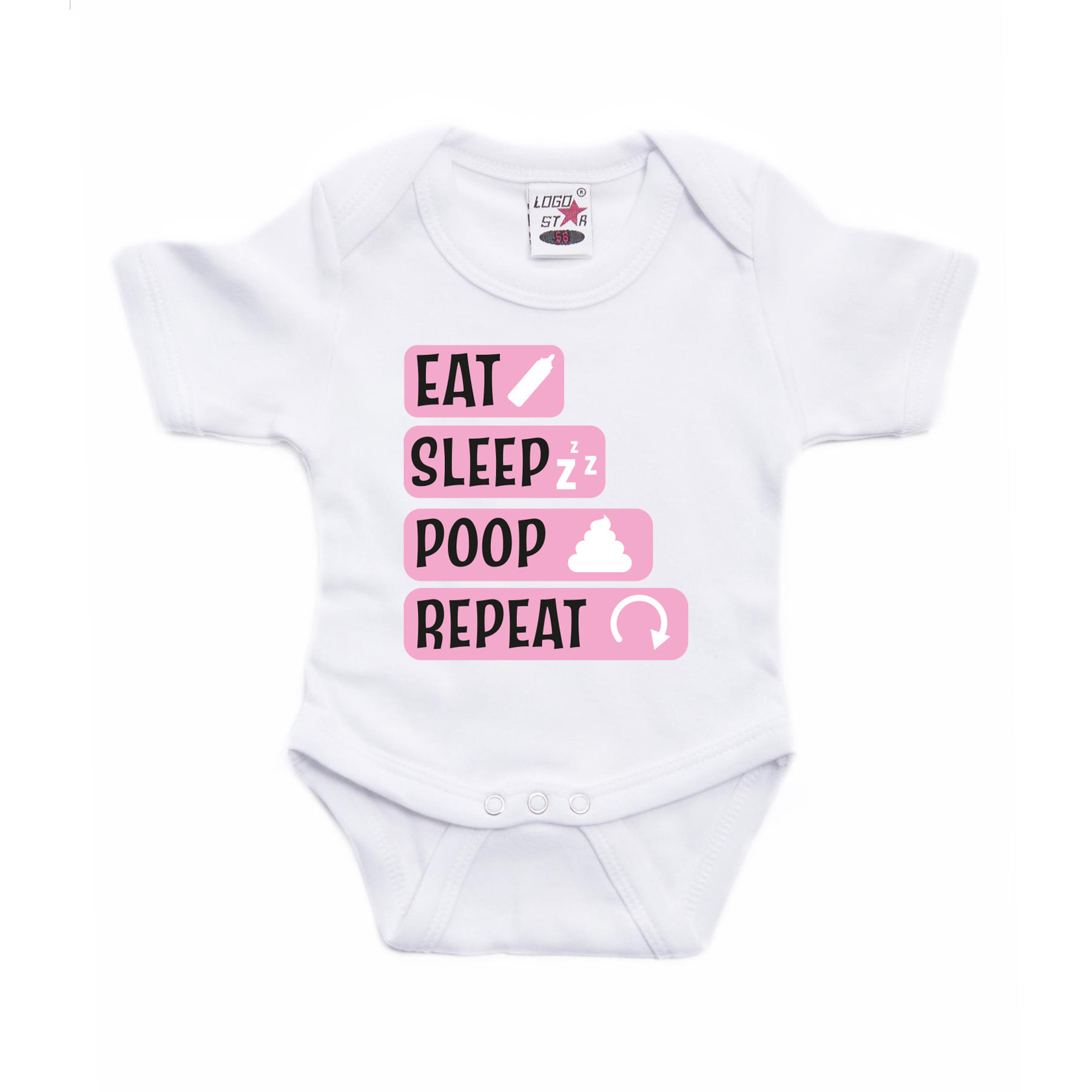 Baby rompertje - eat sleep poop repeat - roze - kraam cadeau 68 (4-6 maanden) -