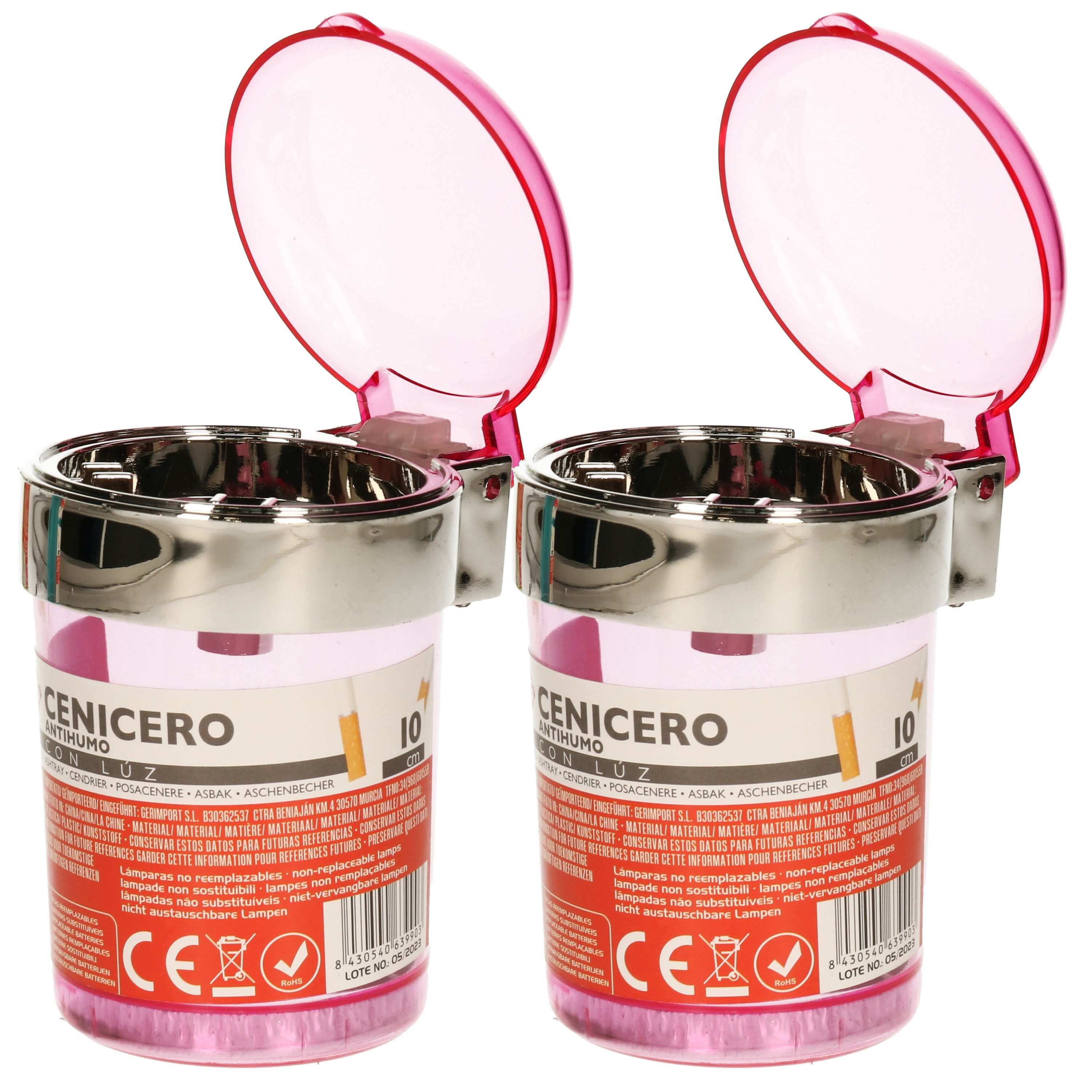 Auto asbak met LED lamp verlichting en klepje - 2x - roze - 11 x 8 cm -