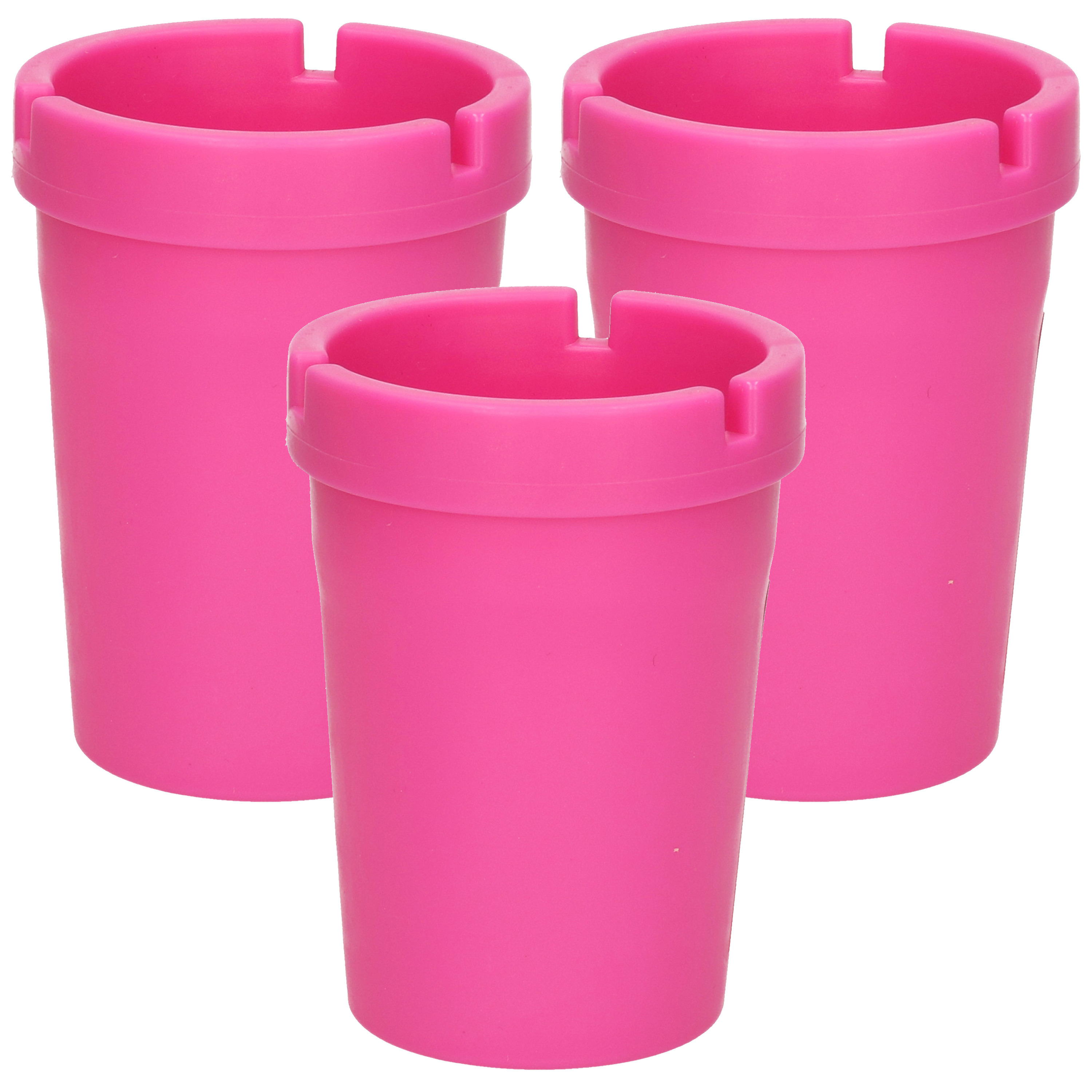 Auto/strand/tuin asbak met deksel - 3x - kunststof - roze - 11 x 8 cm -
