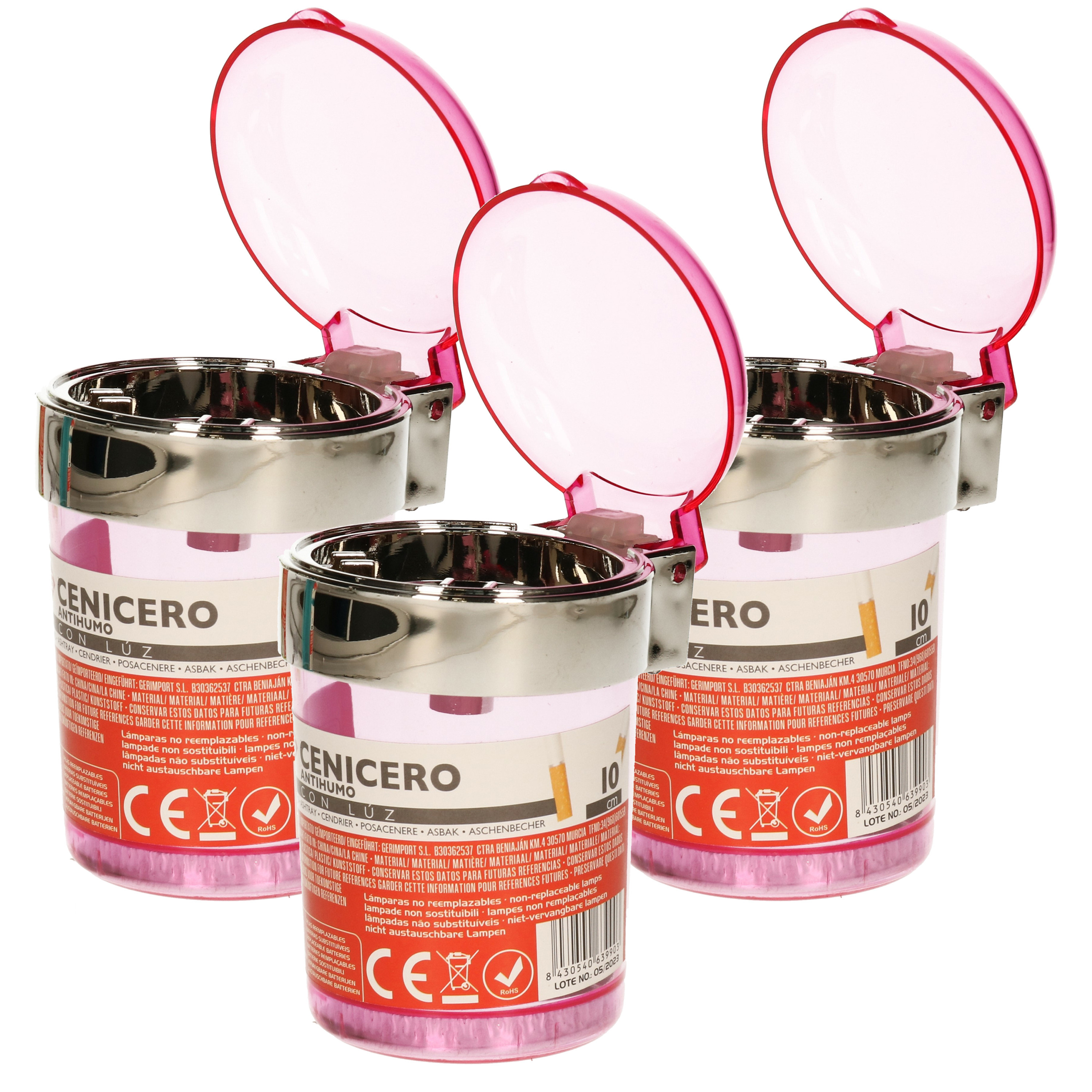 Auto asbak met LED lamp verlichting en klepje - 3x - roze - 11 x 8 cm -