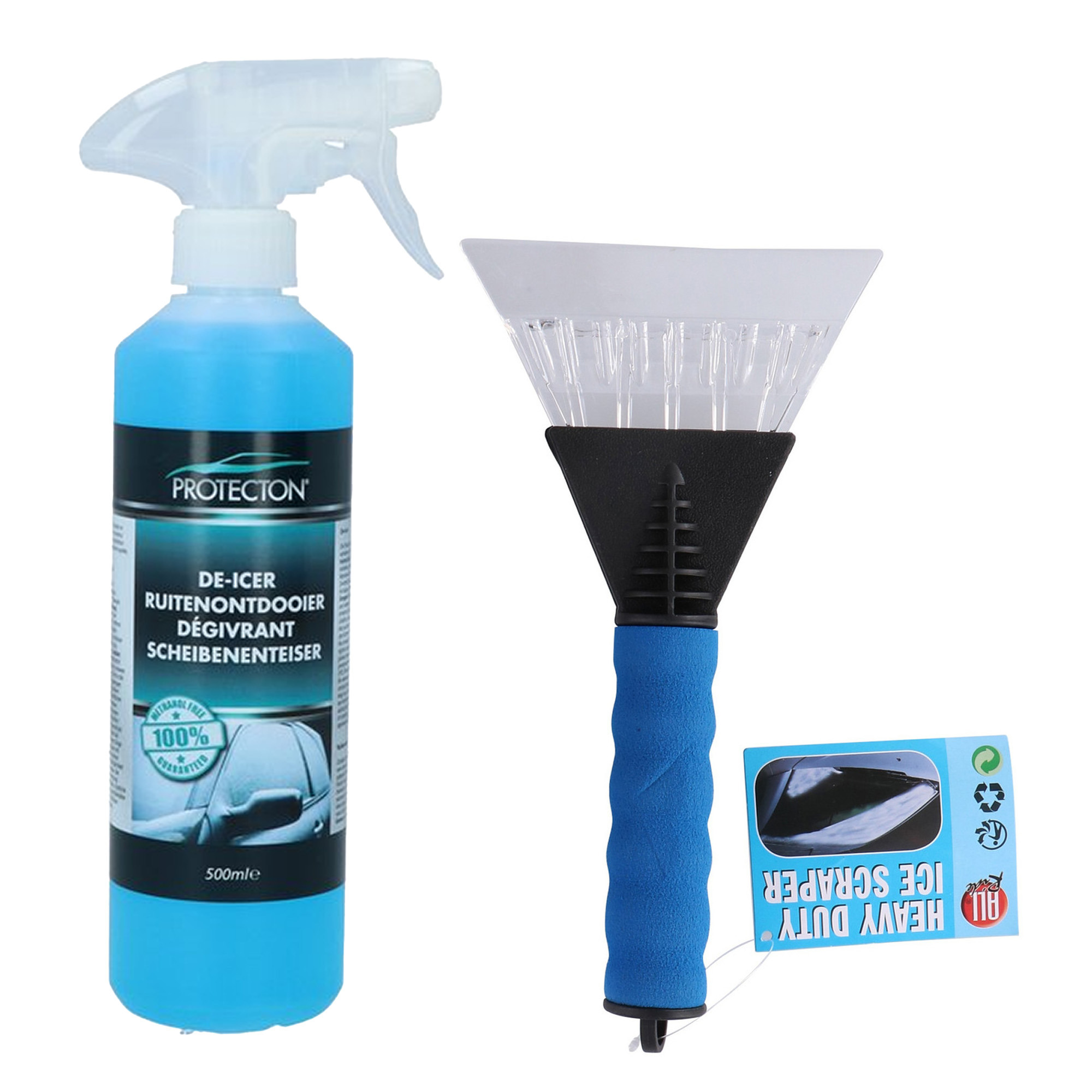 Ijskrabber met antivries spray voor auto - 500 ml - blauw - ruitenontdooier -
