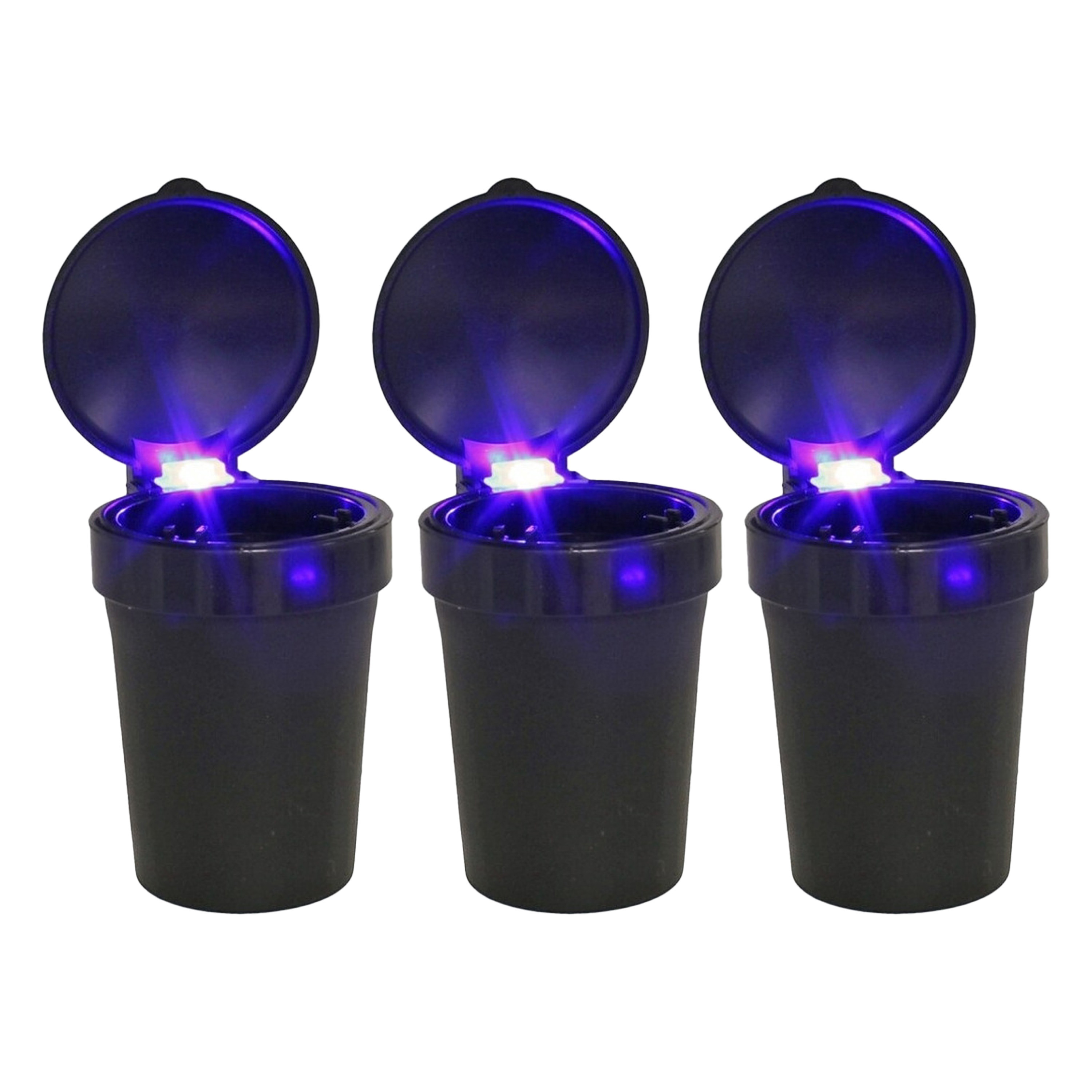 Auto asbak met LED lamp verlichting en klepje - 3x - zwart - 11 x 8 cm -