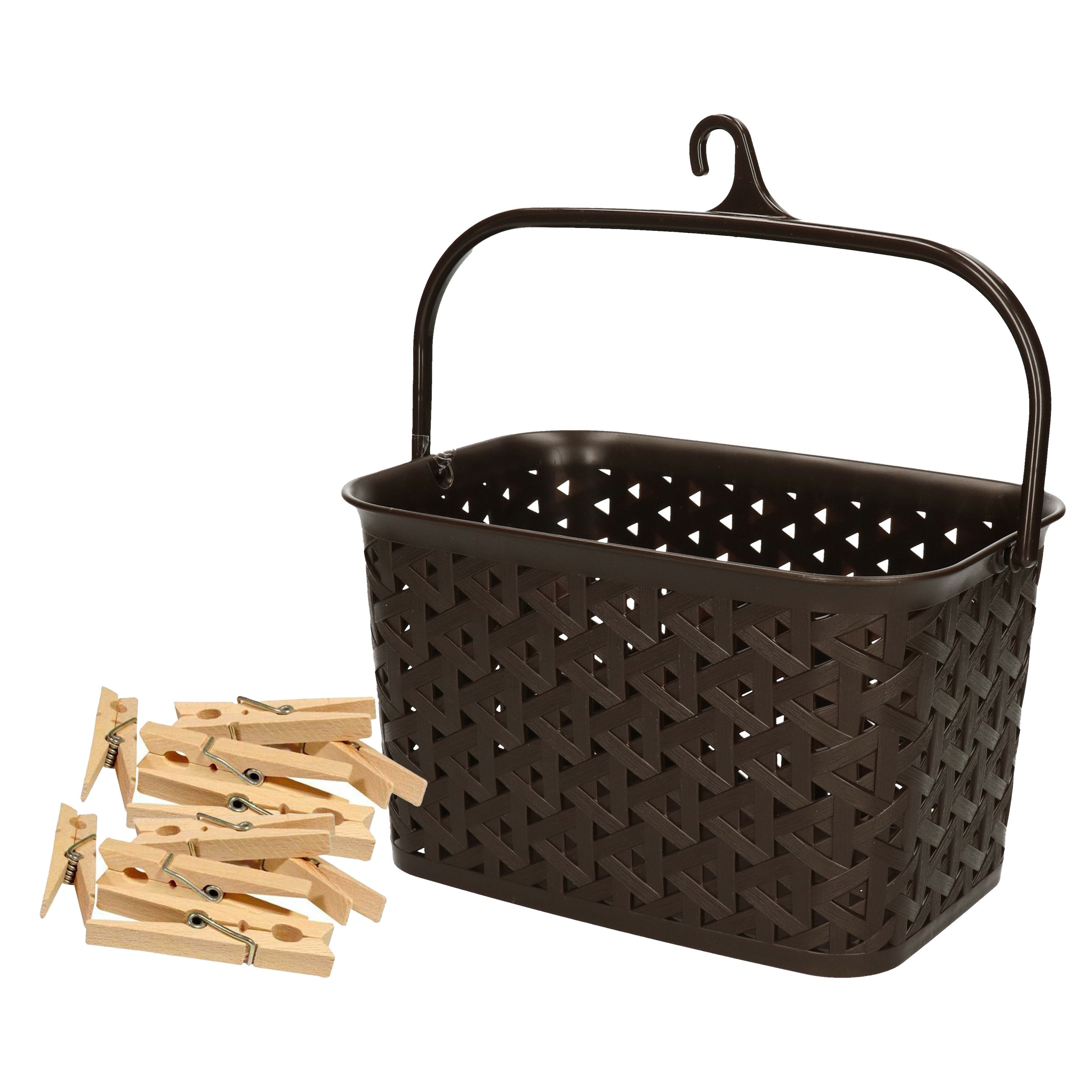 Wasknijpers mandje met ophanghaak - bruin - gevuld met 96x houten wasknijpers van 7 cm -