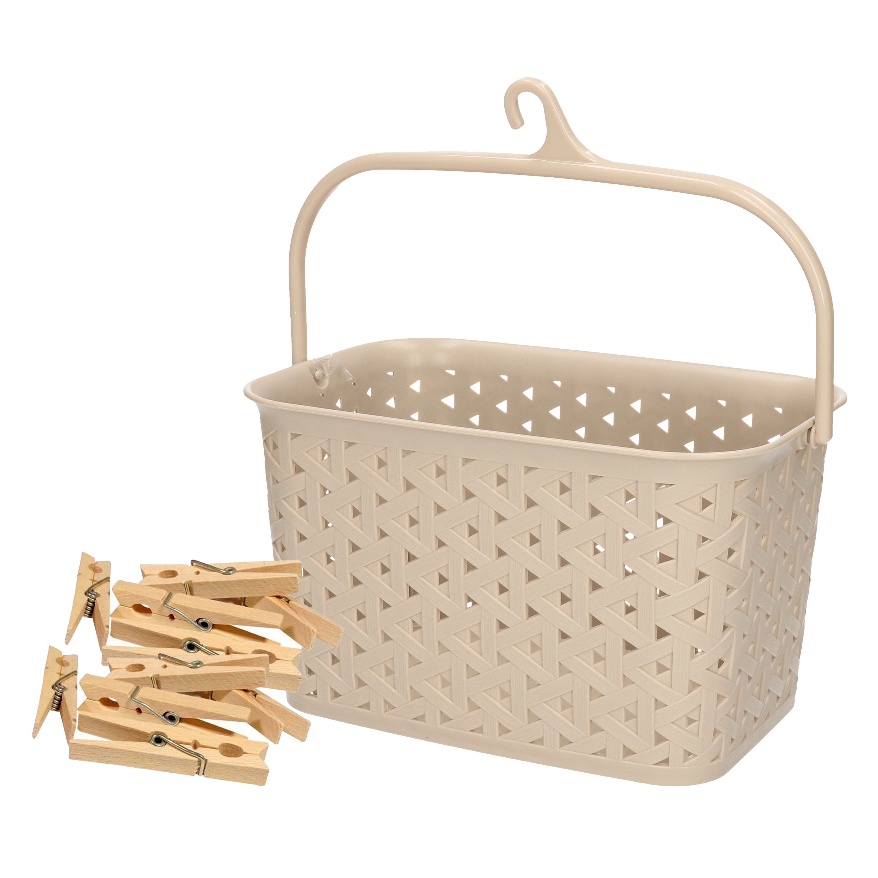 Wasknijpers mandje met ophanghaak - beige - gevuld met 96x houten wasknijpers van 7 cm -