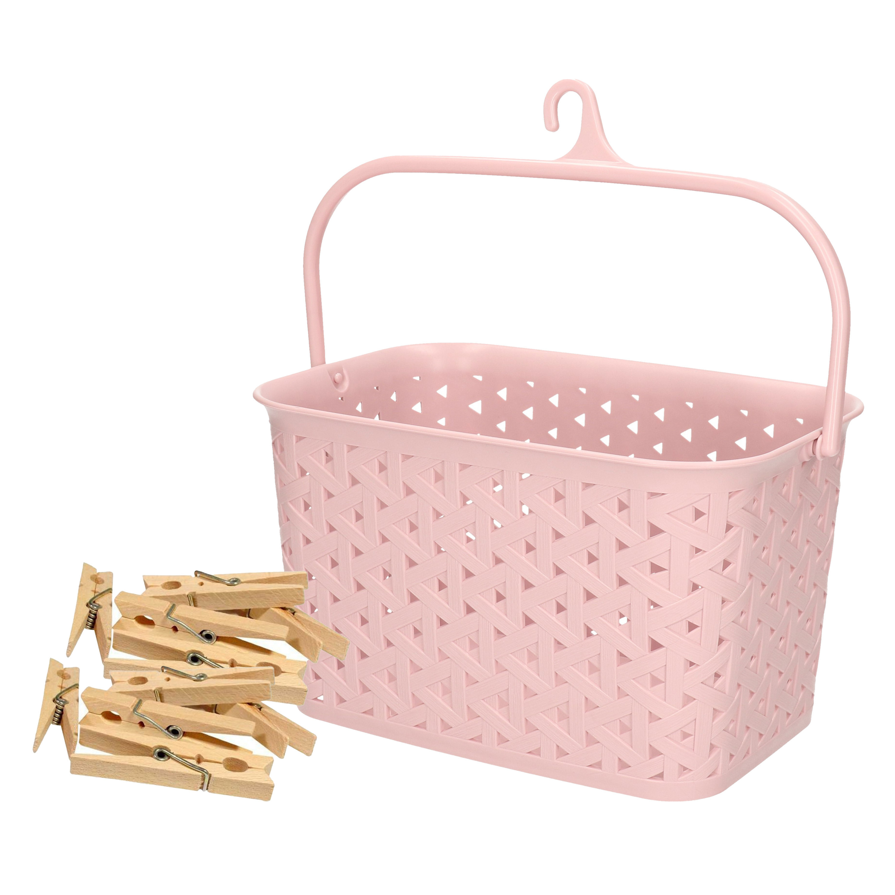 Wasknijpers mandje met ophanghaak - roze - gevuld met 96x houten wasknijpers van 7 cm -