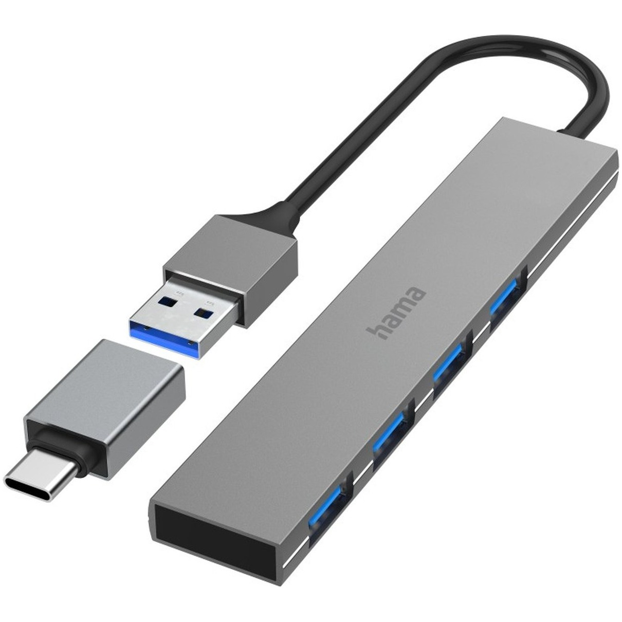 Hama USB Hub 4 Ports USB 3.2 Gen 1/ 5 Gbit/s Ultra-Slim incl. USB-C Adapter USB Hub Grijs