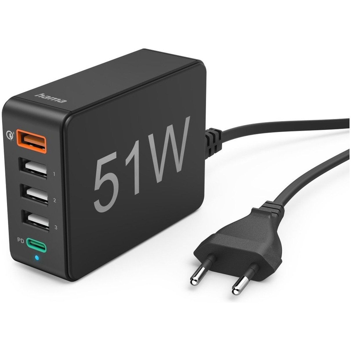 Hama Oplaadstation, 51 watt, 5-voudig (1xQC3.0, 3xUSB-A, 1xUSB-C PD) Oplader Zwart