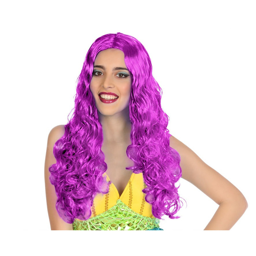 Verkleedpruik voor dames met lang golvend haar - Fantasia - fuchsia roze - Filmster/popster/foute pa -
