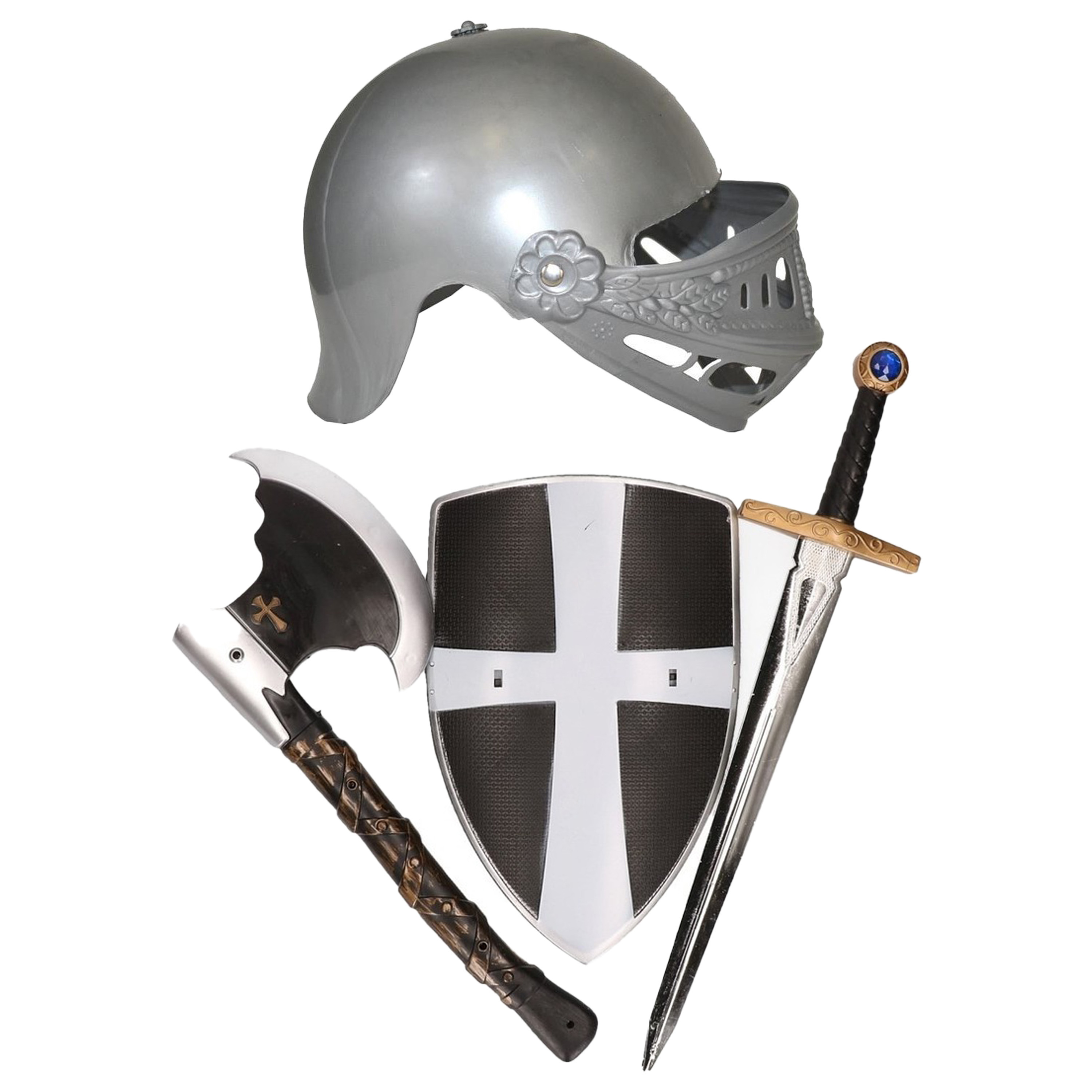 Carnaval Verkleed set - Ridder helm met wapens - voor kinderen - grijs/zwart -