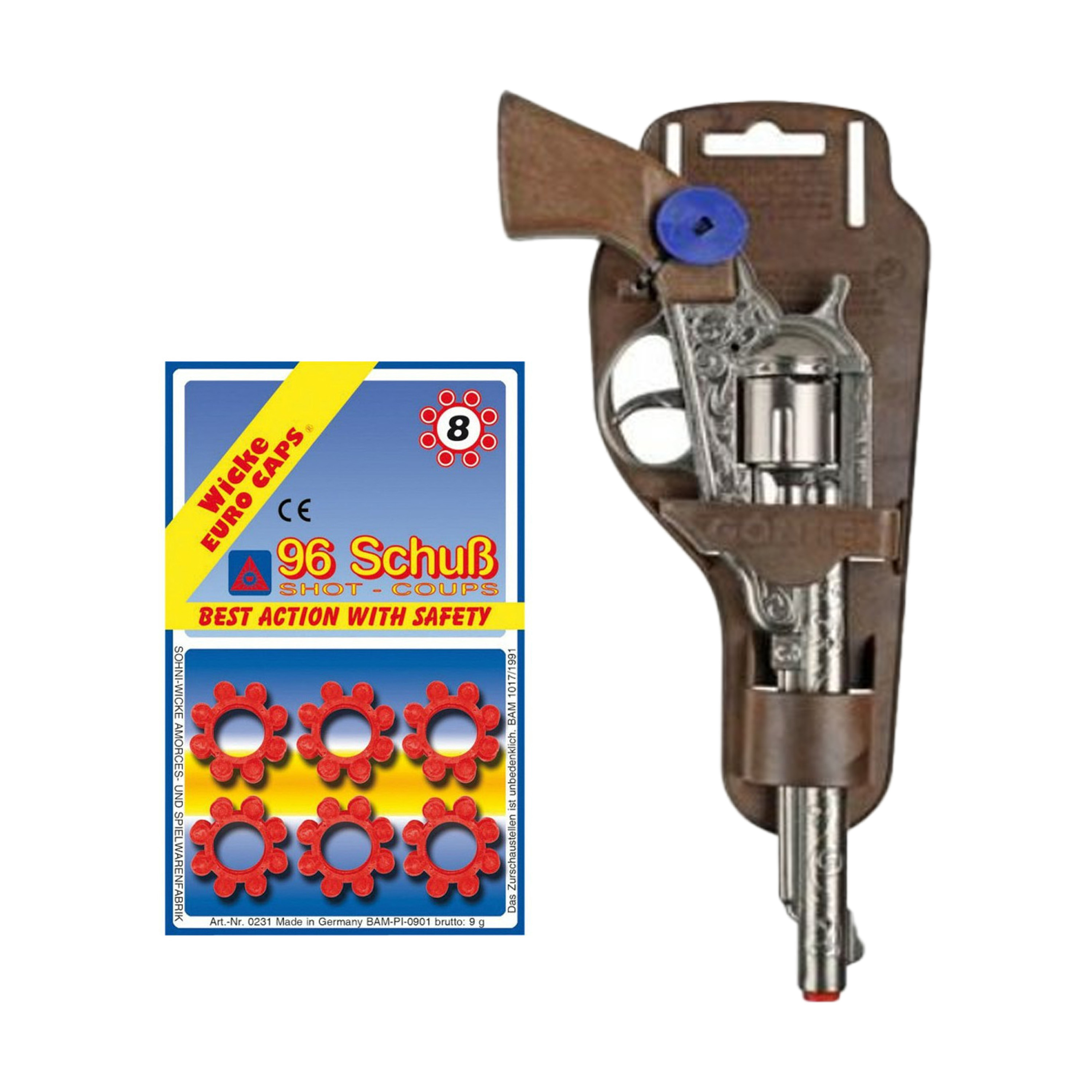 Cowboy speelgoed revolver/pistool - metaal - 8 schots plaffertjes - 96 shots in de set -