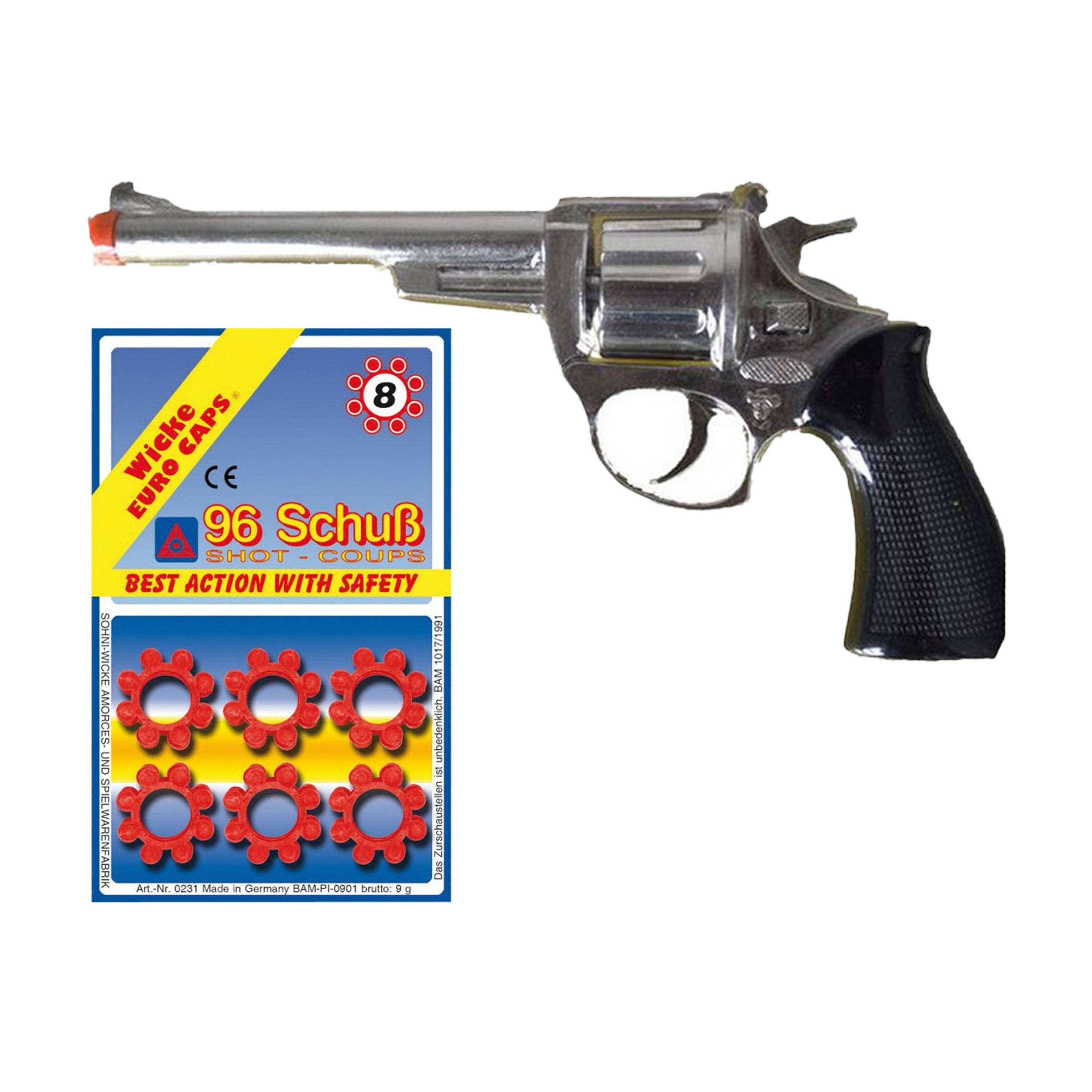 Cowboy speelgoed revolver/pistool - metaal - 8 schots plaffertjes - 96 shots in de set -