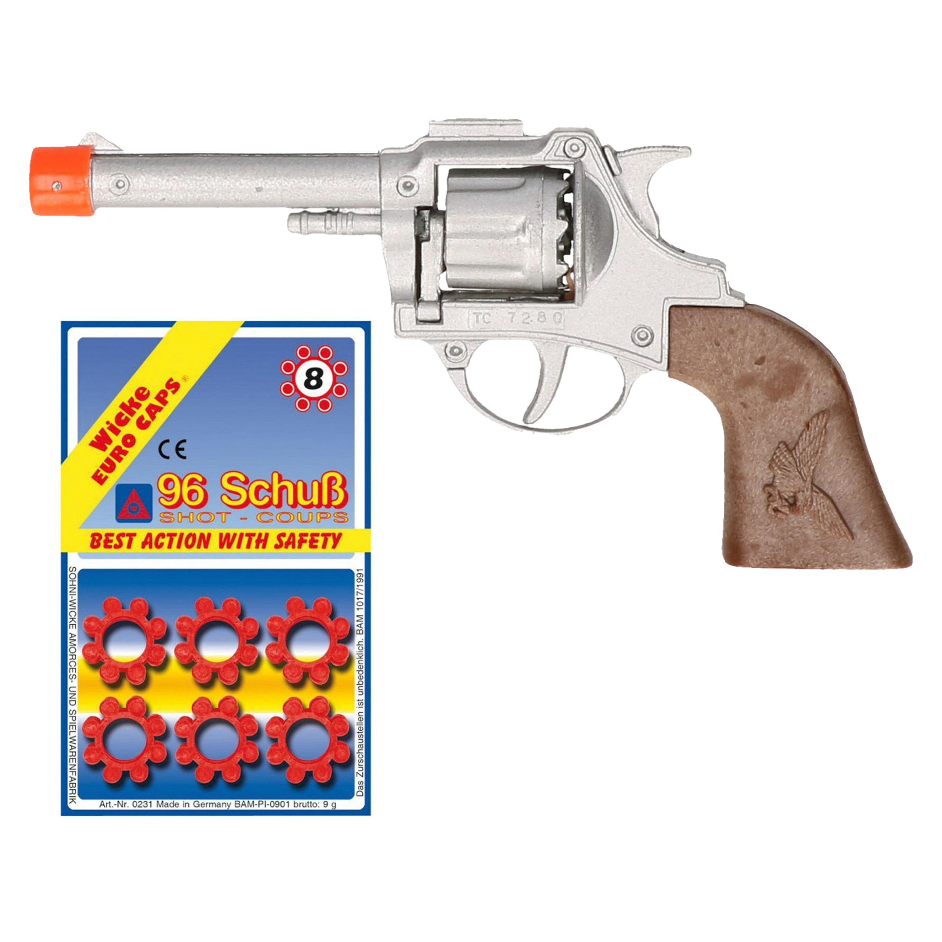 Cowboy speelgoed revolver/pistool - metaal - 8 schots plaffertjes - 96 shots in de set -