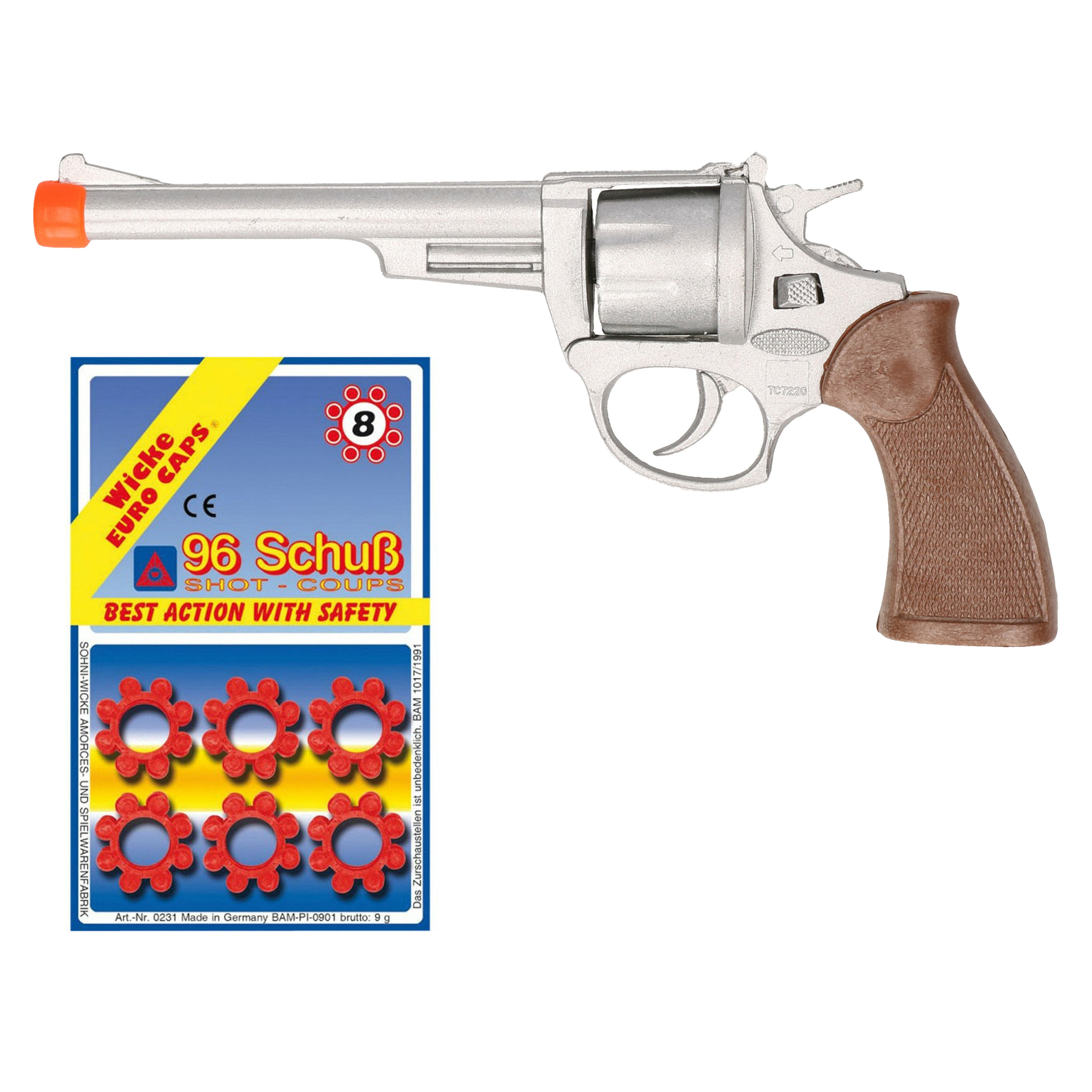 Cowboy speelgoed revolver/pistool - metaal - 8 schots plaffertjes - 96 shots in de set -